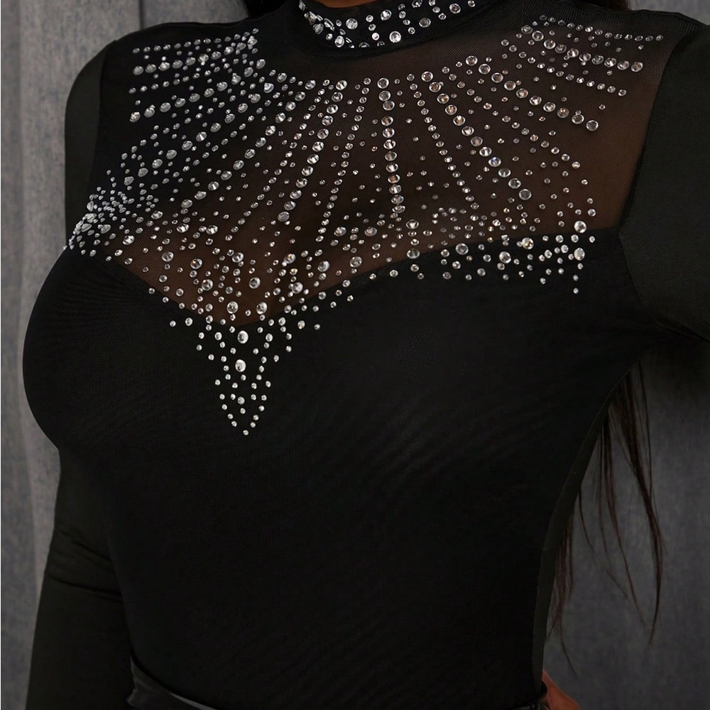 Elegant Black Rhinestone Embellished Top